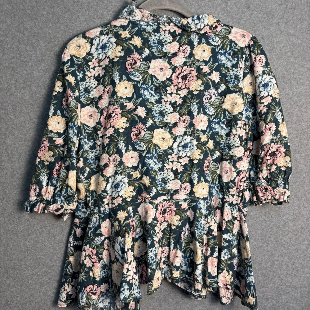 LOFT Linen Blend Floral Wrap Blouse Small Cottagecore Romantic Ruffle Tie Top